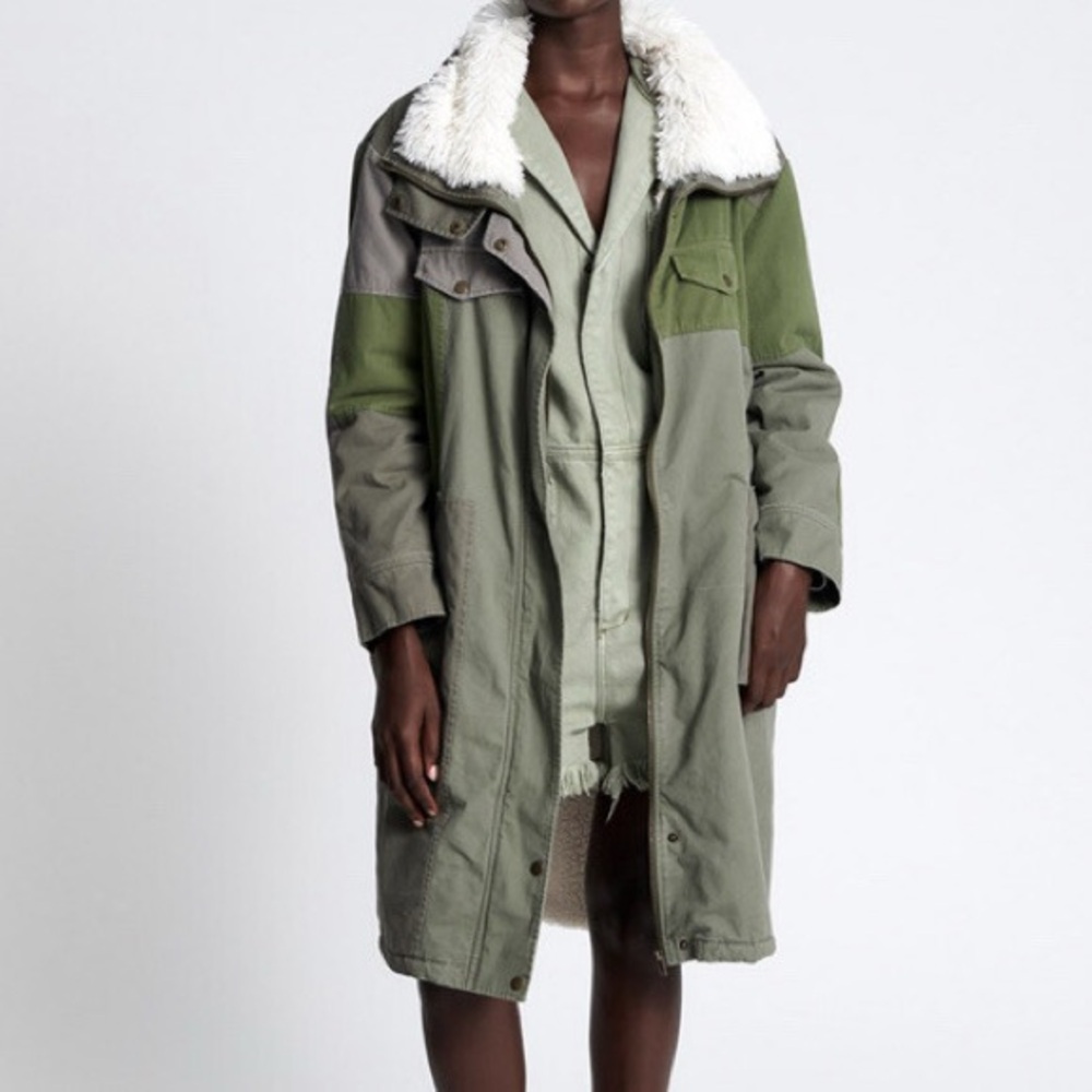 One Teaspoon Green Patchwork Twill Utility Defender Sherpa Fur Lined Coat Size L